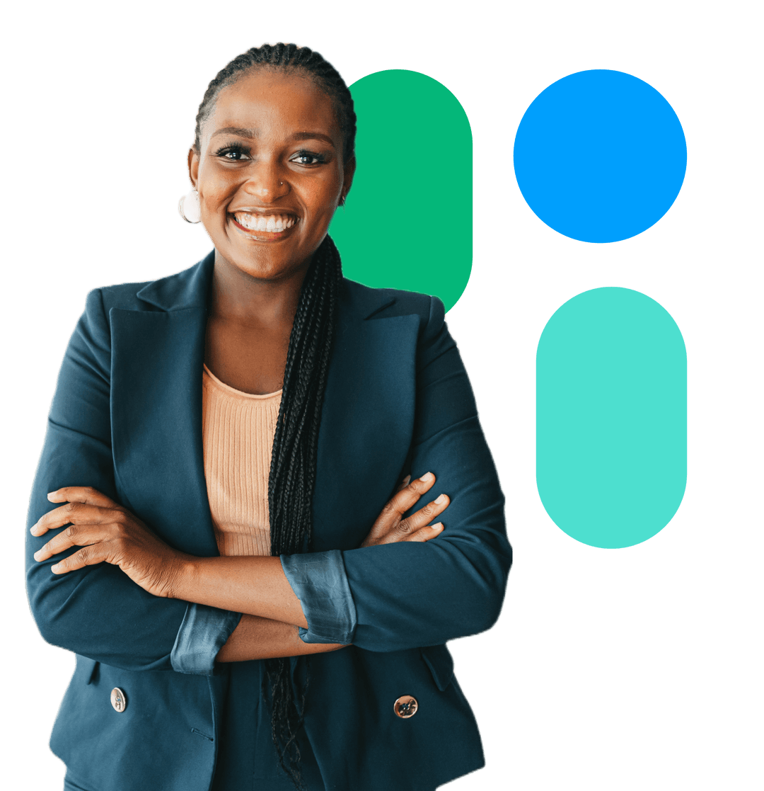 A smiling black woman in a dark blue blazer and beige top, standing with arms crossed against a background with colorful abstract shapes.